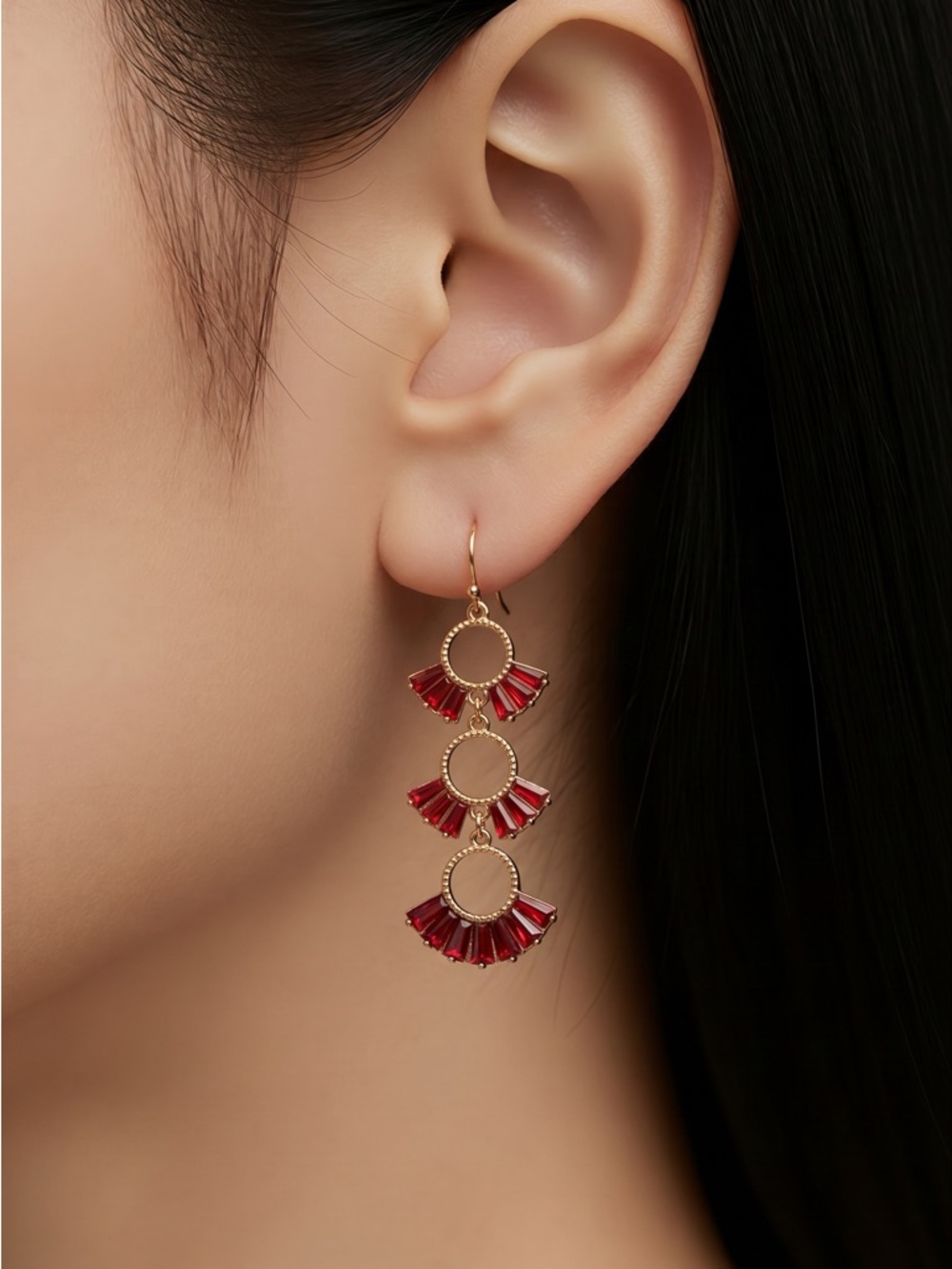 Chico's Gold-Tone Triple Drop Earrings with Red Accents